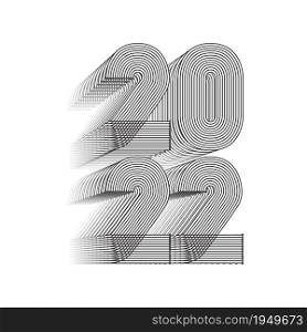 2022 Happy New Year. Abstract geometric cover design background. 3d dimensional 2022 numbers in thin lines striped style vector illustration. Banner, label, flyer, poster. Black white isolated