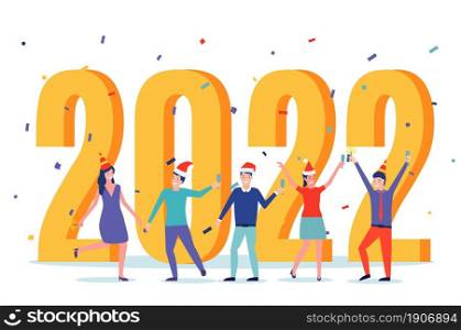 2022 Happy New Year business card. Happy people in santa hat toasting champagne with confetti. Vector illustration in flat style. Happy New Year 2022 greeting card.