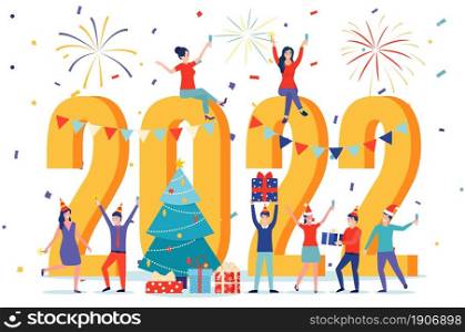 2022 Happy New Year business card. Happy people in santa hat toasting champagne with confetti. Vector illustration in flat style. Happy New Year 2022 greeting card.