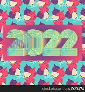 2022 Happy New Year. Seamless pattern of figs background. 3d dimensional 2022 numbers, thin lines striped style. Abstract cover design vector illustration. Card, banner, brochure, magazine. Cyan pink