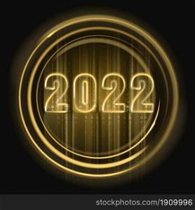 2022 Happy New Year shiny gold color shiny numbers banner design template. Realistic text flash light, flow circle golden particles, glitter, sparkles dust, black background. Vector illustration greeting card isolated. 2022 Happy New Year shiny gold color shiny numbers banner design template. Realistic text flash light, flow circle golden particles, glitter, sparkles dust, black background. Vector illustration greeting card