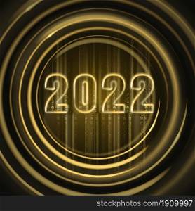 2022 Happy New Year shiny gold color shiny numbers banner design template. Realistic text flash light, flow circle golden particles, glitter, sparkles dust, black background. Vector illustration greeting card isolated. 2022 Happy New Year shiny gold color shiny numbers banner design template. Realistic text flash light, flow circle golden particles, glitter, sparkles dust, black background. Vector illustration greeting card