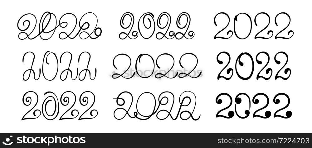 2022 lettering set for New year. Vector black and white text. Number sketch