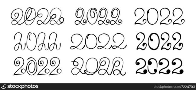 2022 lettering set for New year. Vector black and white text. Number sketch