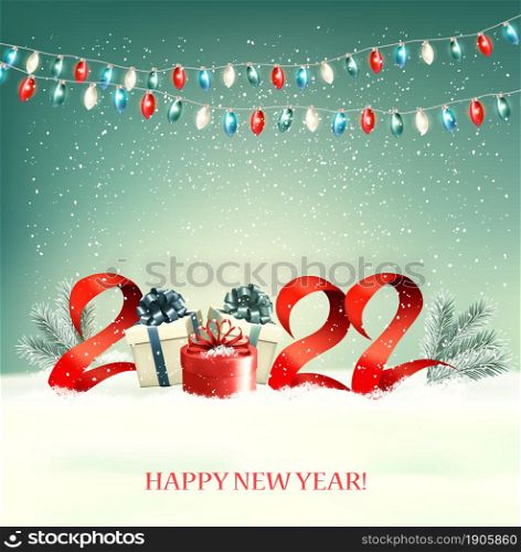 2022 New Year background with gift boxes and colorful garland. Vector.