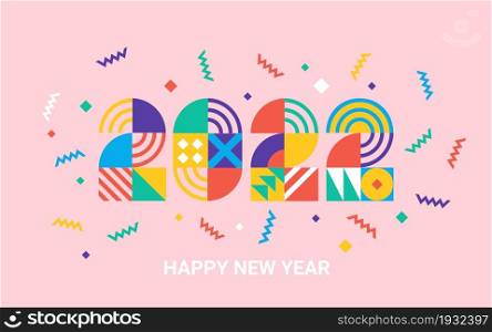 2022 New Year banner with numbers from simple geometric shapes and figures inside confetti on pink background. Template for greeting card, invitation, poster, flyer, web.Vector illustration isolated.. 2022 New Year banner,numbers from geometric shapes
