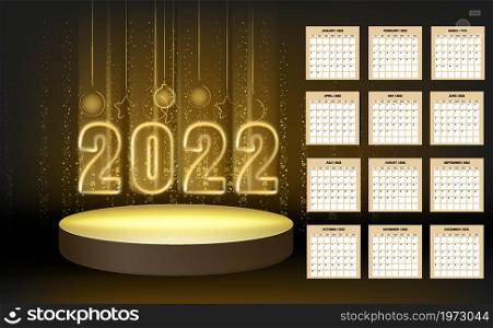 2022 New Year Calendar shiny gold color shiny numbers banner, stage podium. Week starts from Sunday. Realistic text flash light, golden particles, glitter, sparkles dust, black background. Vector illustration isolated. 2022 New Year Calendar shiny gold color shiny numbers banner, stage podium. Week starts from Sunday. Realistic text flash light, golden particles, glitter, sparkles dust, black background. Vector illustration