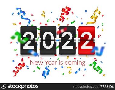 2022 New Year flip countdown counter board with confetti explosion. New Year holiday celebration party realistic vector background with flying confetti foil pieces and ribbons, flip clock timer. 2022 New Year flip countdown counter with confetti
