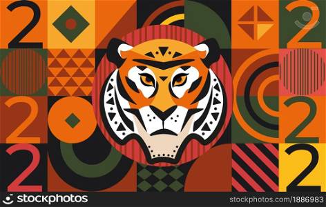 2022 New Year greeting card on geometric background with square triangular and round shapes and tiger face with numbers. Template design for banners,flyers,invitations, congratulations,posters.Vector.. 2022 New Year greeting card, tiger face, numbers.