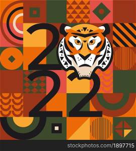 2022 New Year greeting card,poster,banner on geometric background with tiger&rsquo;s face as new year symbol. Template design for banners,flyers,invitations, congratulations,posters.Vector illustration.. 2022 New Year greeting card,poster,banner.