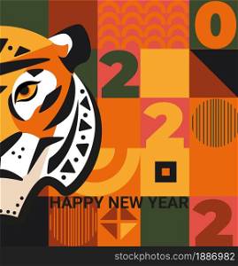 2022 New Year greeting card with half tiger face on geometric background with square triangular and round shapes, numbers.Template design for banners,flyers,invitations,congratulations,posters.Vector.. 2022 New Year greeting card with half tiger face.