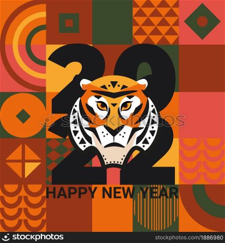 2022 New Year greeting card with wishing text on geometric background with tiger&rsquo;s face in front numbers. Template design for banners,flyers,invitations, congratulations,posters.Vector illustration.. 2022 New Year greeting card with wishing text.