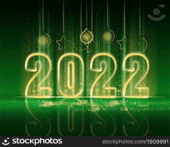 2022 New Year shiny gold color shiny numbers banner. Realistic text flash light, golden particles, glitter, sparkles dust, green background. Vector illustration greeting card isolated. 2022 New Year shiny gold color shiny numbers banner. Realistic text flash light, golden particles, glitter, sparkles dust, green background. Vector illustration greeting card