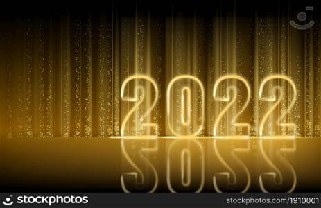 2022 New Year shiny gold color shiny numbers banner. Realistic text flash light, golden particles, glitter, sparkles dust, black background. Vector illustration greeting card isolated. 2022 New Year shiny gold color shiny numbers banner. Realistic text flash light, golden particles, glitter, sparkles dust, black background. Vector illustration greeting card
