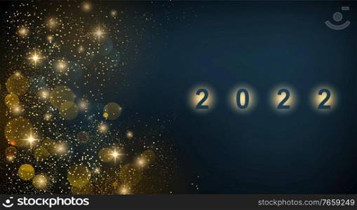 2022 New year with Abstract shiny color gold bokeh design element and glitter effect on dark background. For Calendar, poster design. 2022 New Year Abstract shiny color gold design element