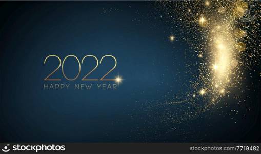 2022 New year with Abstract shiny color gold wave design element and glitter effect on dark background. For Calendar, poster design. 2022 New Year Abstract shiny color gold wave design element