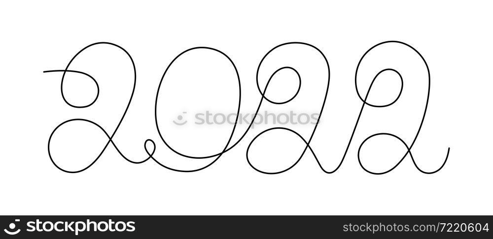 2022 one line. New year lettering. Vector outline doodle sketch. Editable path