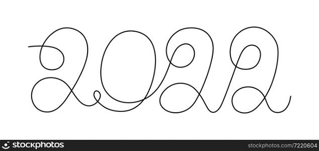 2022 one line. New year lettering. Vector outline doodle sketch. Editable path