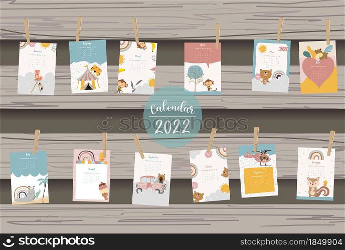 2022 table calendar week start on Sunday with animal and rainbow that use for vertical digital and printable A4 A5 size