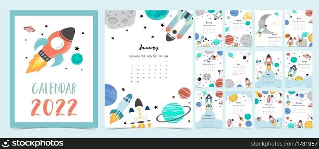 2022 table calendar week start on Sunday with astronaut and galaxy that use for vertical digital and printable A4 A5 size