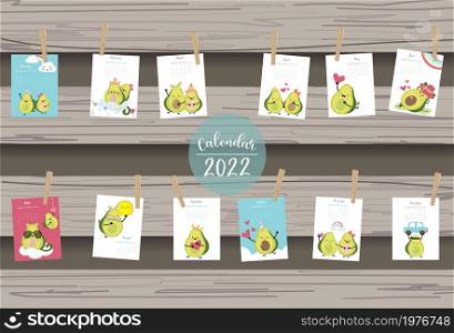 2022 table calendar week start on Sunday with avocado that use for vertical digital and printable A4 A5 size