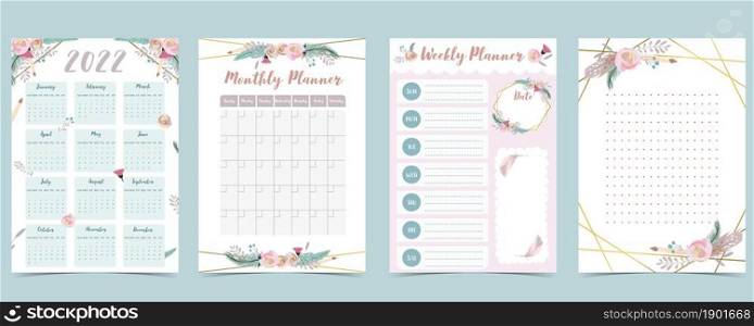2022 table calendar week start on Sunday with feather,flower that use for vertical digital and printable A4 A5 size