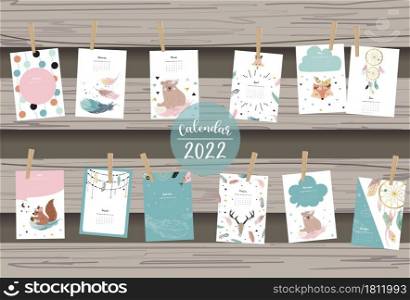 2022 table calendar week start on Sunday with feather that use for vertical digital and printable A4 A5 size