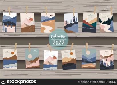 2022 table calendar week start on Sunday with mountain,landscape that use for vertical digital and printable A4 A5 size