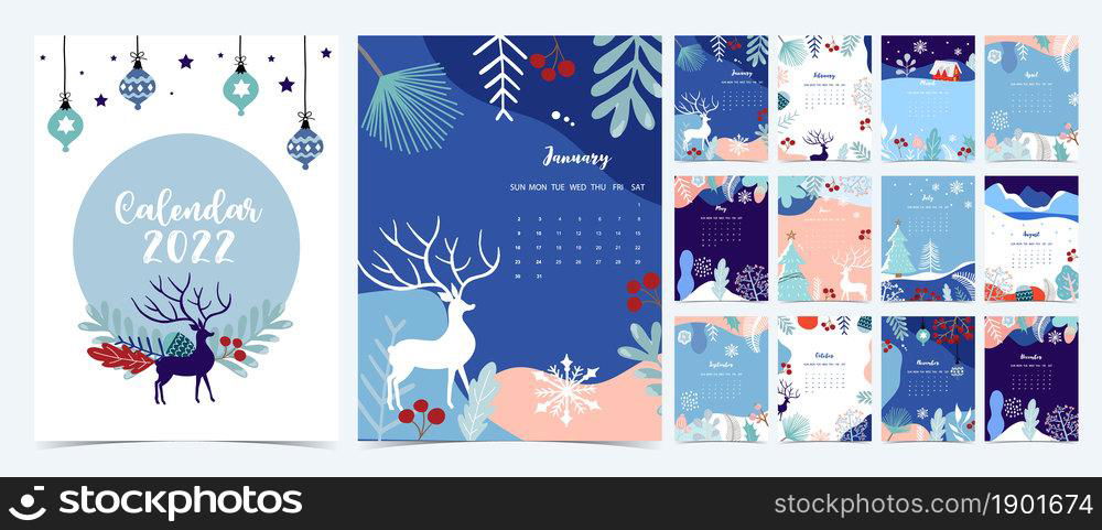 2022 table calendar week start on Sunday with winter,landscape that use for vertical digital and printable A4 A5 size