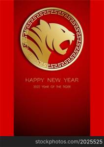 2022 Tiger simbol of new year of Chinese calendar. Luxury greeting background Happy New Year 2022. Holiday invitation template with golden Tiger on red back. Vector
