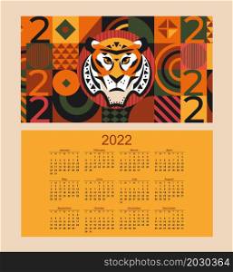 2022 year Calendar with 12 month for card with separately calender and geometric background with tiger face. Week starts on Sunday.Template design for organizer and planner in new year.Vector. 2022 year Calendar with 12 month.