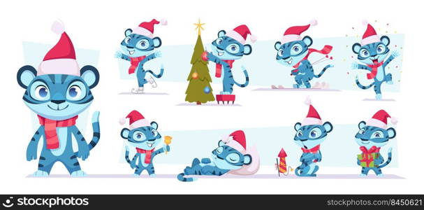 2022 year tiger. Xmas celebration cartoon character wild animal blue tiger in red cap playing in action poses exact vector colored promo illustrations. Tiger cartoon character. 2022 year tiger. Xmas celebration cartoon character wild animal blue tiger in red cap playing in action poses exact vector colored promo illustrations
