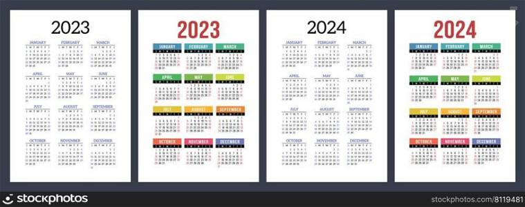2023 and 2024 calendar set. Color vector pocket calender design. Week starts on Sunday. January, February, March, April, May, June, July, August, September October November December