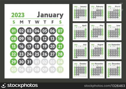 2023 calendar. New year planner design. English calender. Green color vector template. Week starts on Sunday. Business planning.