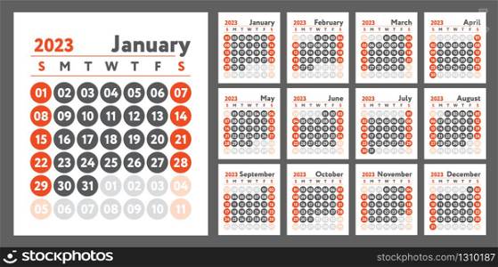 2023 calendar. New year planner design. English calender. Red color vector template. Week starts on Sunday. Business planning.