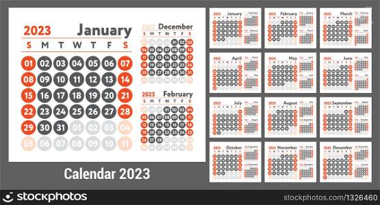 2023 calendar. New year planner design. English calender. Red color vector template. Week starts on Sunday. Business planning.