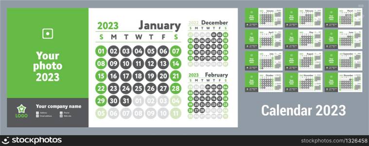 2023 calendar. New year wall planner design. English calender. Green color vector template. Week starts on Sunday. Business planning.