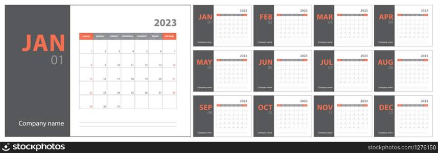 2023 calendar planning. English planner. ?olor vector template. Week starts on Sunday