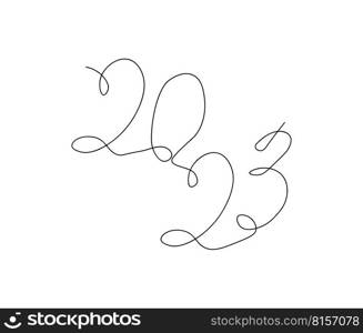 2023 continuous line hand drawn drawing.Celebration New Year concept isolated on white background. Text for greeting card design. Vector illustration.