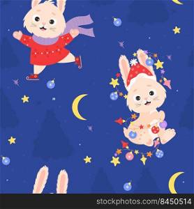 2023 is Year of the Rabbit to Chinese zodiac. Seamless pattern with symbols of year, cute bunny with garland in Santa hat and hare in sweater skates on blue background with decor. Vector illustration