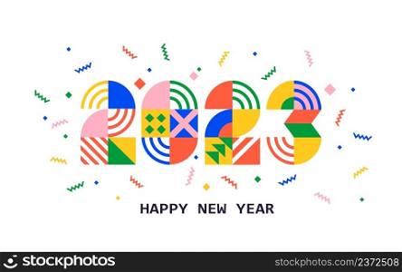 2023 New Year banner with numbers from simple geometric shapes and figures inside confetti. Template for greeting card, invitation, poster, flyer, web.Vector illustration isolated on white background.. 2023 New Year banner,numbers from geometric shapes