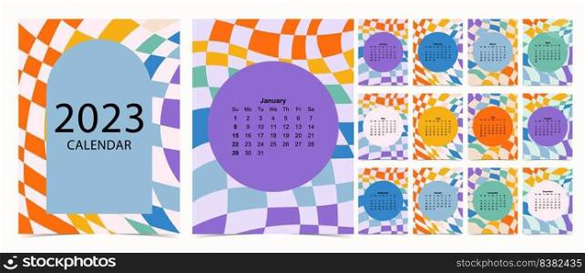 2023 table calendar week start on Sunday with groovy and rainbow that use for vertical digital and printable A4 A5 size 