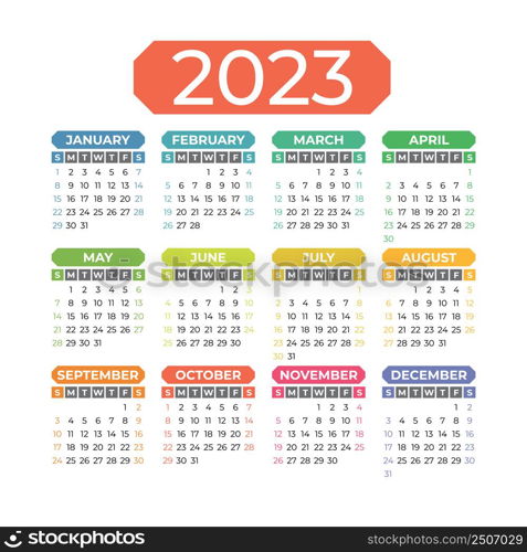2023 year. Calendar design. English colorful vector square wall or pocket calender template. New year. Week starts on Sunday.. 2023 year. Calendar design. English colorful vector square wall or pocket calender template. New year. Week starts on Sunday