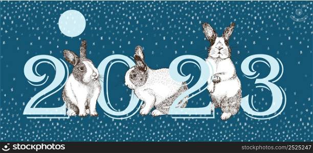 2023 year of hare holiday banner White rabbit with black spots around the eyes. Chinese New Year Symbol. New year greeting card in blue color. Hand drawn Enaving sketch. Vector illustration. 2023 year of hare holiday banner White rabbit with black spots around the eyes. Chinese New Year Symbol. New year greeting card in blue color. Hand drawn Enaving sketch. Vector