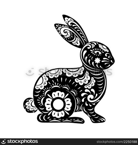 2023 Year of rabbit with paper art cut white background, Chinese zodiac, Beautiful Easter Bunny with Floral fancy hare with laser cut pattern for die cutting or template,Translation;Year of rabbit