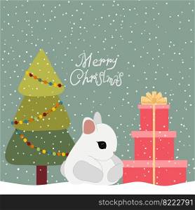 2023 year of the rabbit. Cute Christmas bunny at the Christmas tree with gifts. Vector illustration.. 2023 year of the rabbit. Cute Christmas bunny at the Christmas tree with gifts. Vector illustration