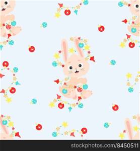 2023 Year of the Rabbit. Seamless pattern with symbol of year cute bunny character with garland on light background with Christmas balls. vector illustration. Chinese new year 2023 Zodiac sign Rabbit 