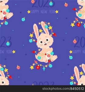 2023 Year of the Rabbit. Seamless pattern with symbol of year cute bunny character with garland on blue background Happy New Year. vector illustration. Chinese new year 2023 Zodiac sign Rabbit 