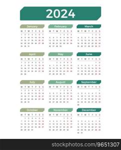 2024 Calendar, week starts on Monday, vector eps10 illustration. 2024 Calendar