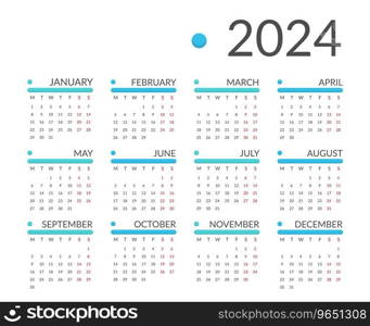 2024 Calendar, week starts on Monday, vector eps10 illustration. 2024 Calendar